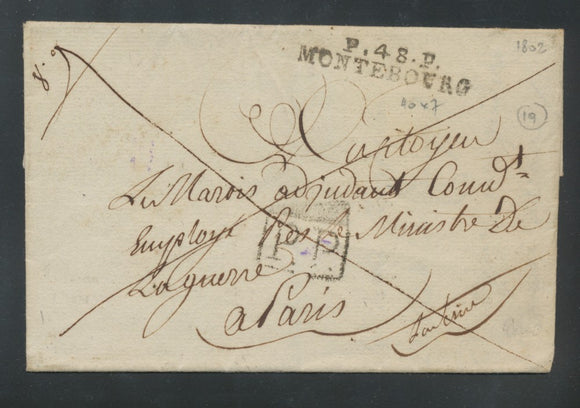 1802 Lettre en port payé P.48.P. MONTEBOURG +P.P noir RRR TB. certif. P812