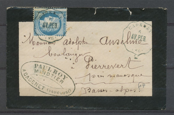 1876 Enveloppe N°60C Obl Cachet Convoyeur-Station Cadenet (BLEU) TB, RARE. P866