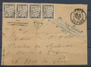 1891 Bande de 4 Taxe N°18 30c noir (très rare) Sur devant. Signé CALVES X1011