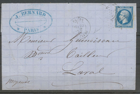 1866 Lettre 20c. N°14 Obl. par L'ETOILE CHIFFREE 24, R.de Cléry très rare X1082