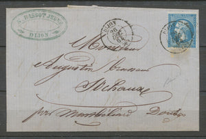 1864 Lettre 20c. Bleu obl. Par le càd 15 de Dijon rare, Superbe X1090