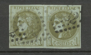 Timbre BORDEAUX 1c. Olive belle paire obl. GC, R2, Superbe X1103