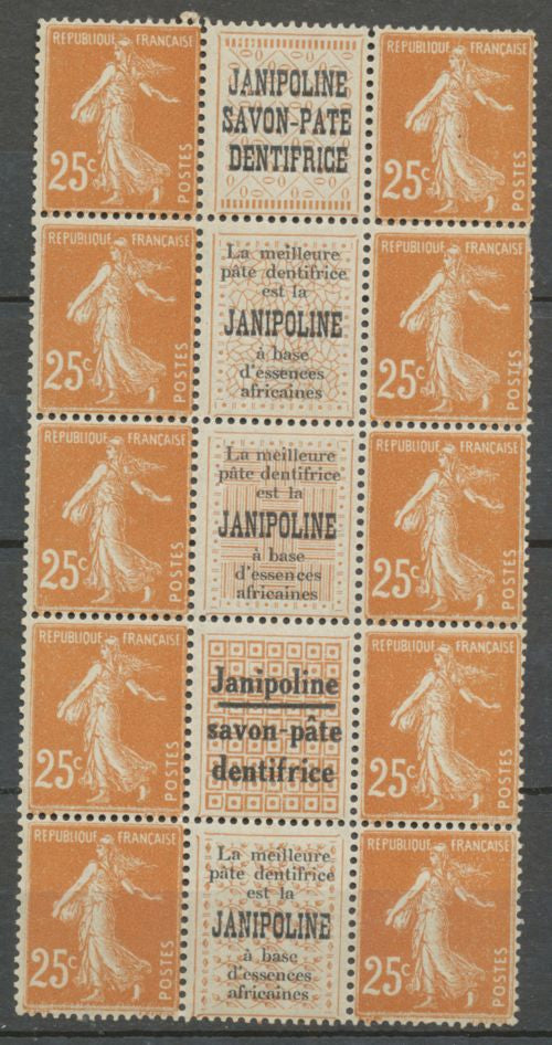 Semeuse 25c. Brun-jaune BLOC DE 10 JANIPOLINE, 3 types, rare, Neuf** X1135