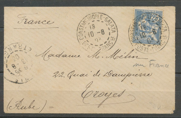 1903 env. Mouchon France 25c., obl. CONSTANTINOPLE-GALATA Rare sur France. X1165