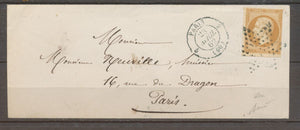 1862 Env ETOILE BLEUE sur 10c. RD T Paris 5/60/5 BLEU Ind 29, Rareté. X1203