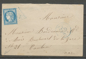 1874 Env. N°60 Obl GC BLEUS SALERNES CAD T16 BLEU VAR (78) RARE TB X1218