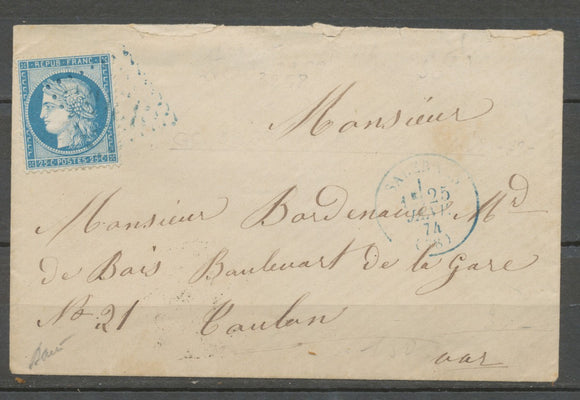 1874 Env. N°60 Obl GC BLEUS SALERNES CAD T16 BLEU VAR (78) RARE TB X1218