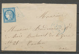 1874 Env. N°60 Obl GC BLEUS SALERNES CAD T16 BLEU VAR (78) RARE TB X1218