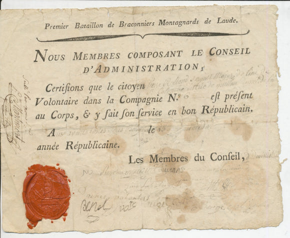 Certificat Révolutionnaire du Premier Bataillon de Braconniers de L'AUDE X1307
