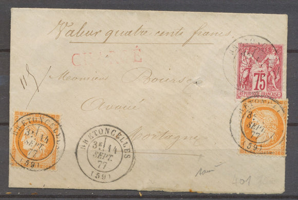 1877 Enveloppe Chargée SAGE + CERES à 1F55 très tardif RARE. X1356