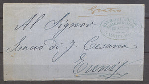 1865 Lettre Malte pour Tunis, "gratis" manuscrit + ovale bleu. Maritime. X1374
