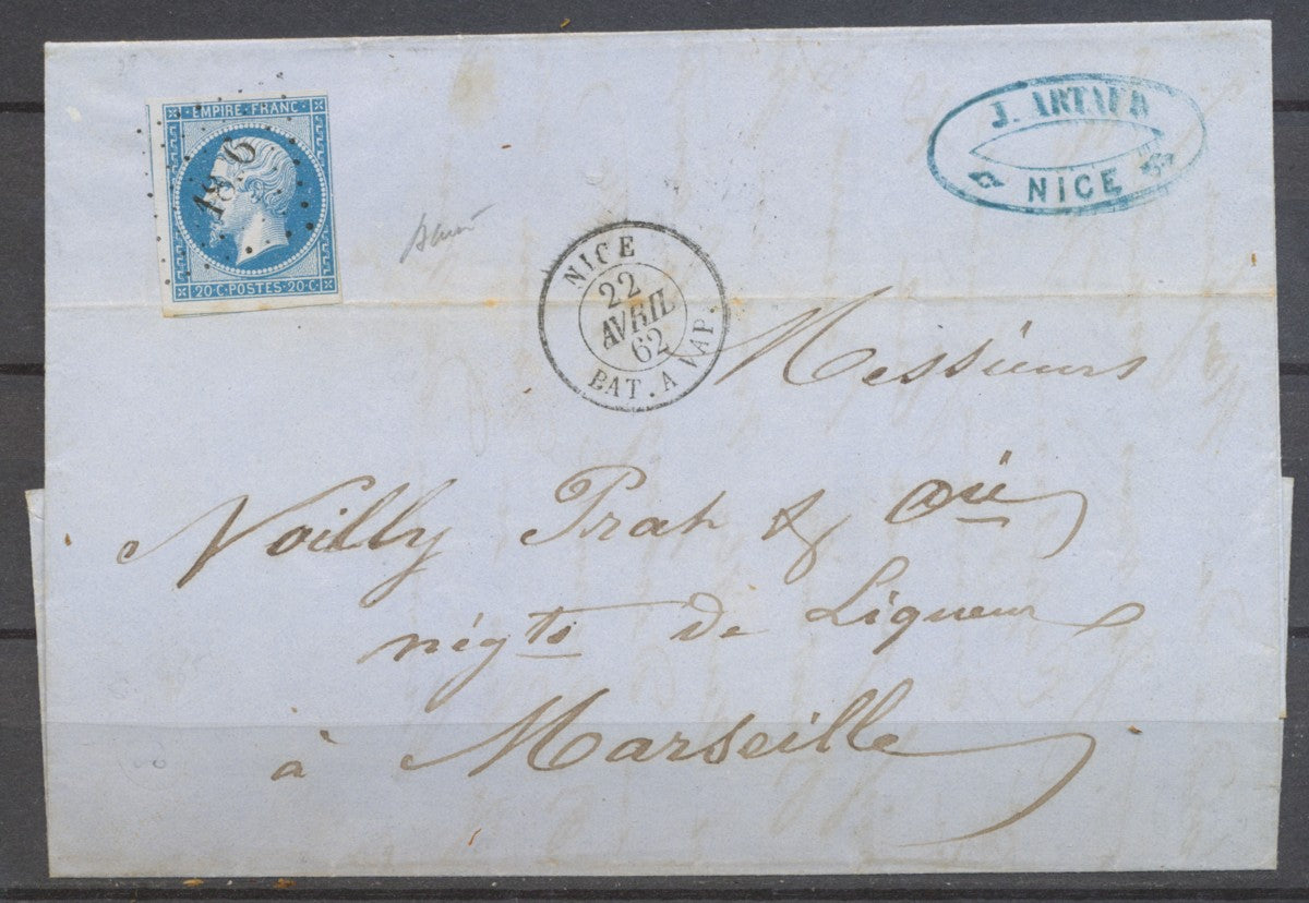 1862 Lettre Cachet NICE BAT.A VAP. + PC.1896 sur N14, Salles 465 Ind Au phil du timbre 1862 Lettre Cachet NICE BAT.A VAP. + PC.1896 sur N14, Salles 465 Ind Au phil du timbre