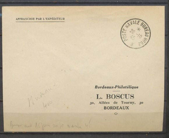 1945 POSTE NAVALE BUREAU N°62, Bordeaux du 15 juin au 30 NOV.1945 Superbe X1438