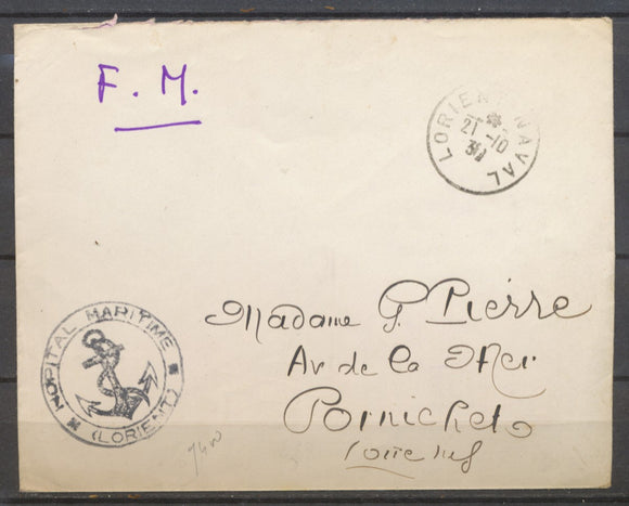 1939 Enveloppe Obl. LORIENT-NAVAL, cachet ancre, Superbe X1446