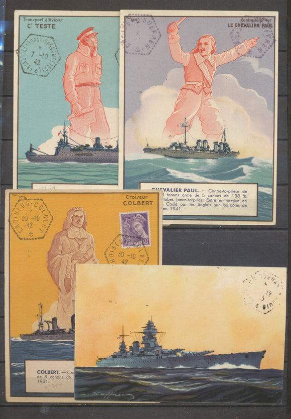 1942-45 4 CP obl SUFFREN, COLBERT, DUGUAY-TROUIN , HYDRAVIONS COMDT TESTE X1450