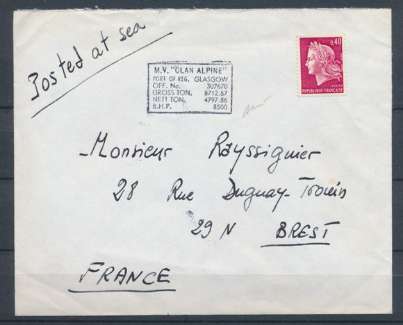 Env. 0,40c Cheffer, Obl. M.V. CLAN ALPINE/GLASGOW, signée, rare, Sup. X1488