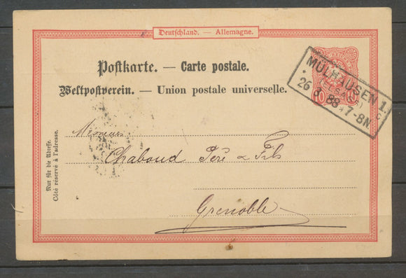 1888 Cp entier 10pf rose Cachet rectangulaire Mulhausen 1. pour Grenoble X1522