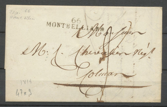 1816 Lettre Marque Linéaire 66 Montbelliard HAUT-RHIN(66) Ind 15 X1524