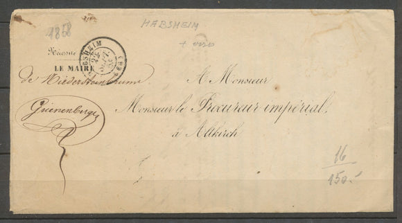 1858 Lettre en franchise de Altkirch + réponse du maire de HABSHEIM X1531