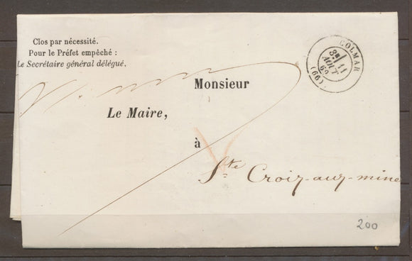 1869 Lettre en Franchise de la préfecture du Haut Rhin SUP X1556