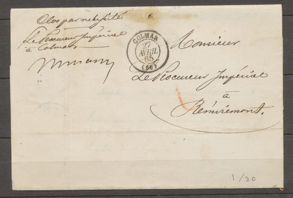 1865 Lettre en Franchise Le procureur impérial HAUT-RHIN(66) X1558