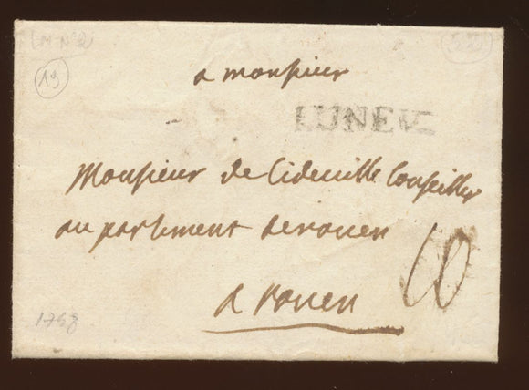 1750-69 Lettre Marque LUNEV- Lenain N°2 MEURTHE(52). TB. Rare Ind 19 X1667