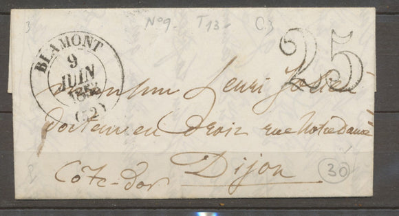 1853 Lettre CAD T13 BLAMONT + Taxe 25c MEURTHE(52) SUP X1695