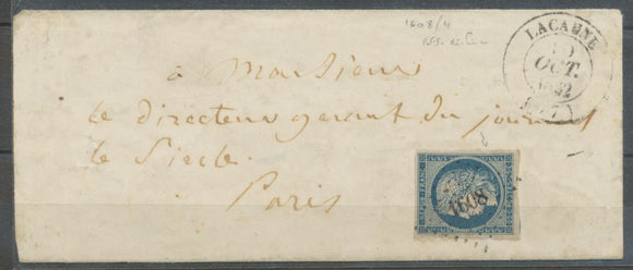 1852 Lettre N°4 Obl PC1608 Lacaune CAD T14. TARN(77). Indice 17. X1725