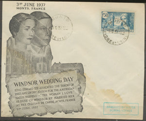 1937 Lettre de MONTS + Tampon BLEU DAMAGED BY WATER INDRE et LOIRE X1755