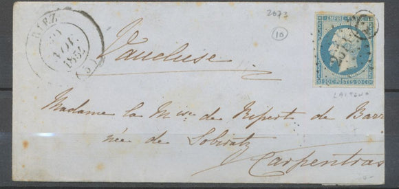 1861 Enveloppe N°14 obl PC2673 + CAD TYPE 14 RIEZ BASSES-ALPES (5) X1772