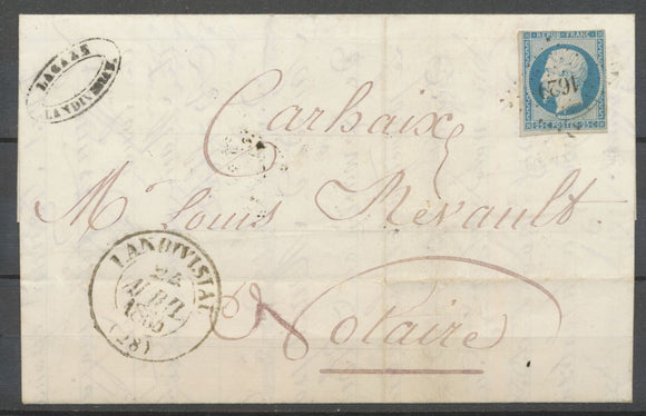 1854 Lettre N°10 25c bleu + CAD Type 13 LANDIVISIAU FINISTERE(28) RARE X1773