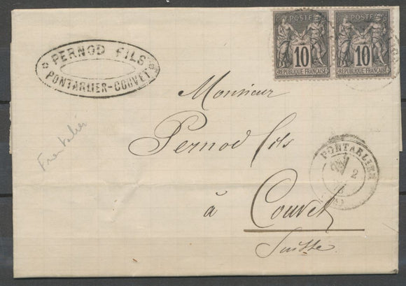 1878 Lettre 20c paire 10c sage TARIF FRONTALIER pour la SUISSE RARE. X1805