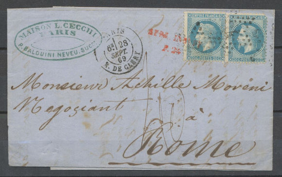 1869 Lettre à 40c 2*N°29 Pour Rome + TAXE manus + AFFR. INSUFF./P24 X1814
