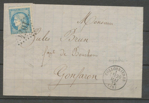 1872 Lettre N°60 Obl GC1074 Collobrieres CAD T16 VAR(78) Ind 7 cote 30€ X1932