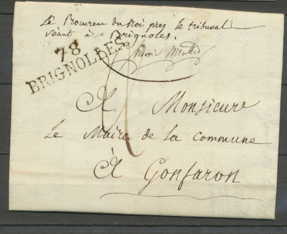 1818 Lettre Marque Linéaire 78 Brignolles VAR(78) 44*12 Ind 6 cote 25€ X1992