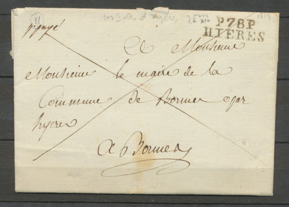 1819 Lettre Marque Linéaire P78P Hieres en Noir VAR(78)  29*9mm X2022