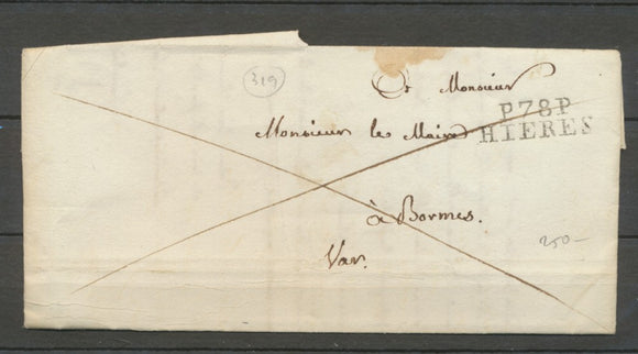 1828 Lettre Marque Linéaire P78P Hieres en Noir VAR(78)  29*9mm  cote 80€ X2024