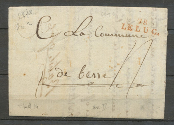 1794 Lettre Marque Linéaire 78 Le Luc en Rouge VAR(78)  25*9mm X2042