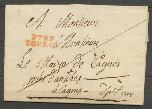 1821 Lettre Marque Linéaire P78P Toulon en Rouge VAR(78)  29*9mm X2062