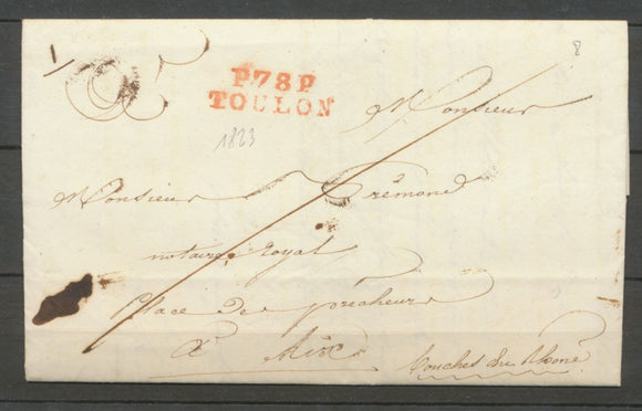 1823 Lettre Marque Linéaire P78P Toulon en Rouge VAR(78)  29*9mm X2063