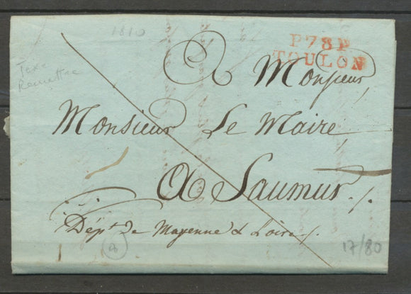 1810 Lettre Marque Linéaire P78P Toulon en Rouge VAR(78)  29*9mm X2064