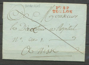 1805 Lettre Marque Linéaire P78P Toulon en Rouge VAR(78)  29*9mm X2066