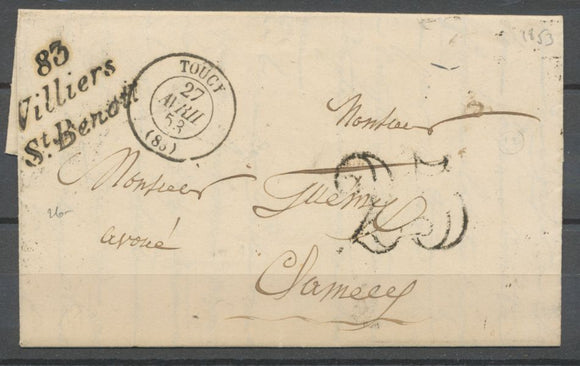 1853 Lettre Cursive 83 Villiers-St-Benoit + Toucy T15 PD YONNE(83) Ind 12 X2092