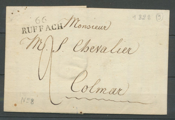 1822 Lettre Marque Linéaire 66 Ruffach HAUT-RHIN(66) Indice 9 Superbe X2142