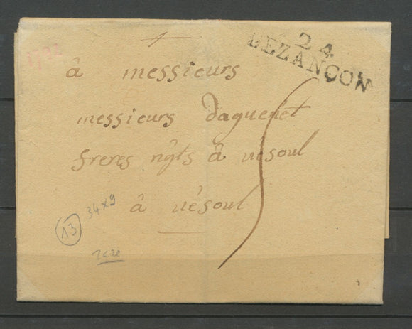1792 Lettre Marque Linéaire 24 Bezancon DOUBS(24) Indice 13. X2147