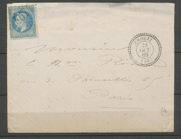 1869 Env. GC4574 CAD Chouzy T22 LOIR-ET-CHER(40) Indice 16. TB. X2188