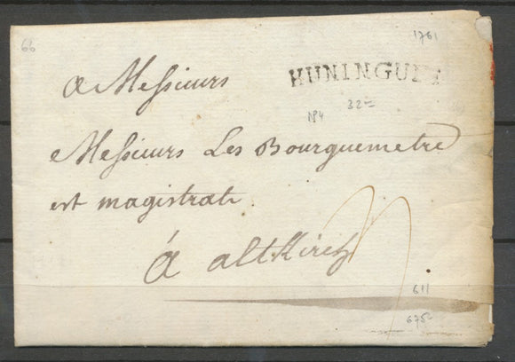 1761 Lettre Marque Tampon Hunningue HAUT-RHIN(66) Indice 15 X2297