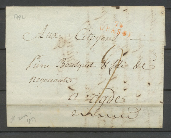 1792 Lettre Marque Linéaire 78 Grasse rouge VAR(78) Indice 15 X2355