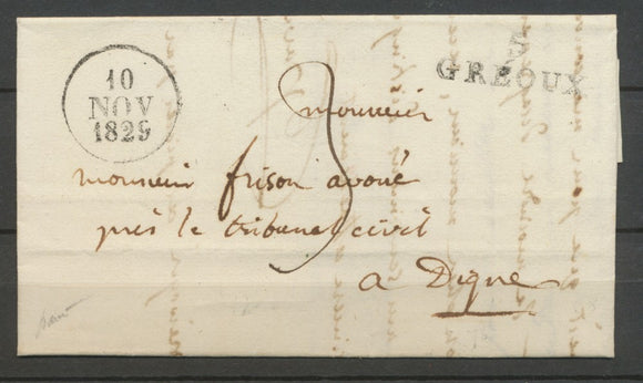 1829 Lettre Marque Linéaire 5 Gréoux BASSES-ALPES(5) Indice 15 X2395