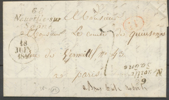 1840 Lettre cursive double 68 Neuville-sur-Saône +1d Rouge RHONE(68) X2463